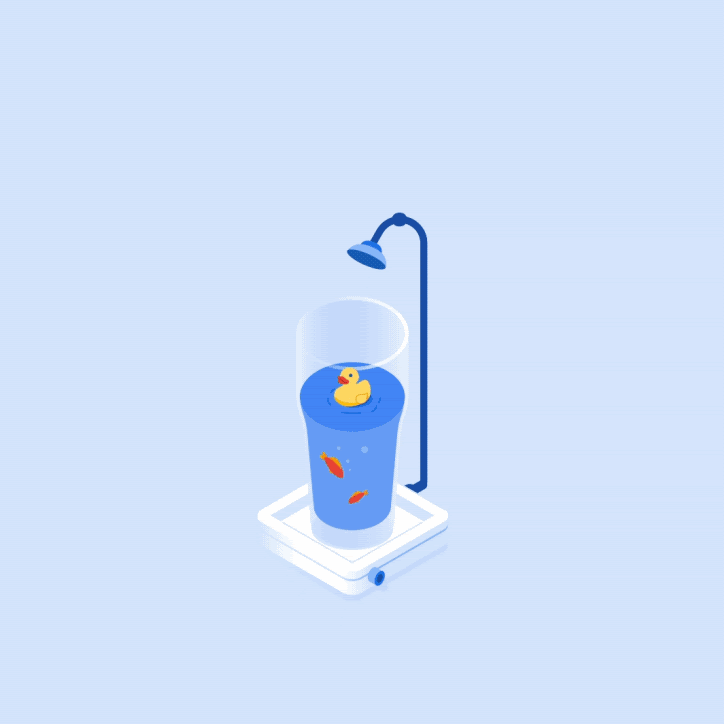 GIF of three illustrations showing water usage in a bathroom, a refrigerator with food, and energy usage at home