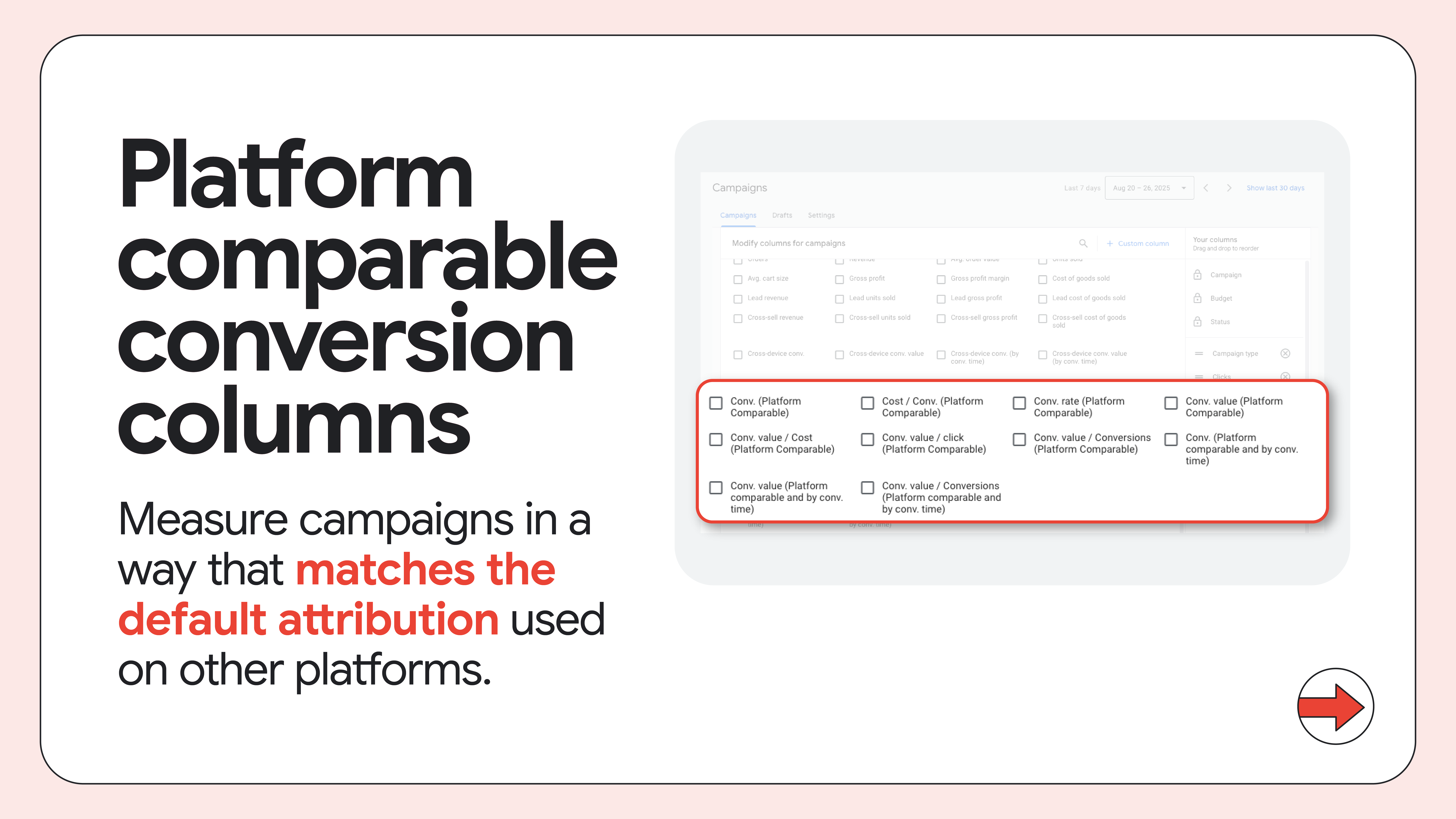 Google Ads metrics interface showing several platform comparable conversion columns available for selection.