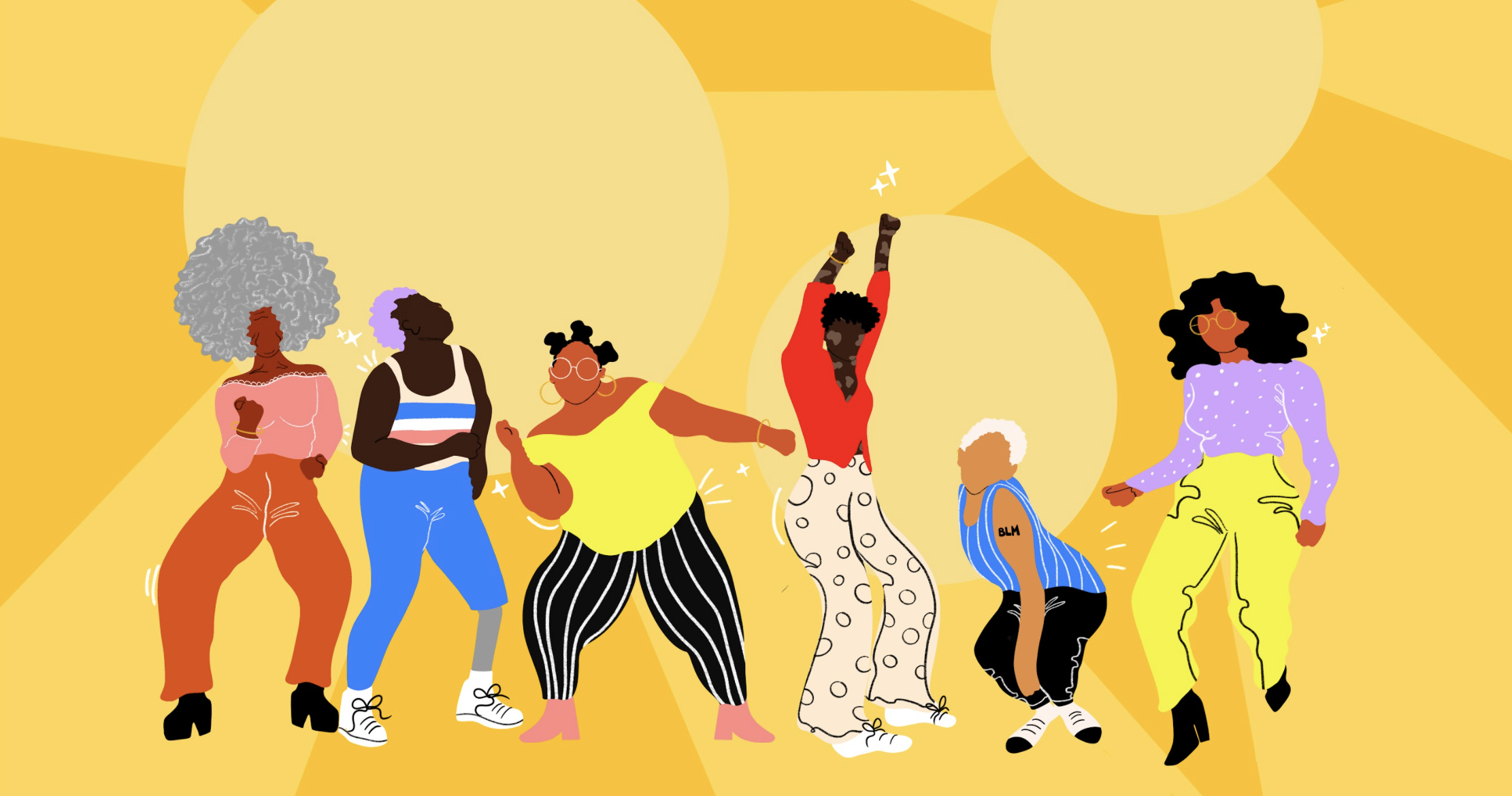 An illustration of six people dancing in front of a yellow background.