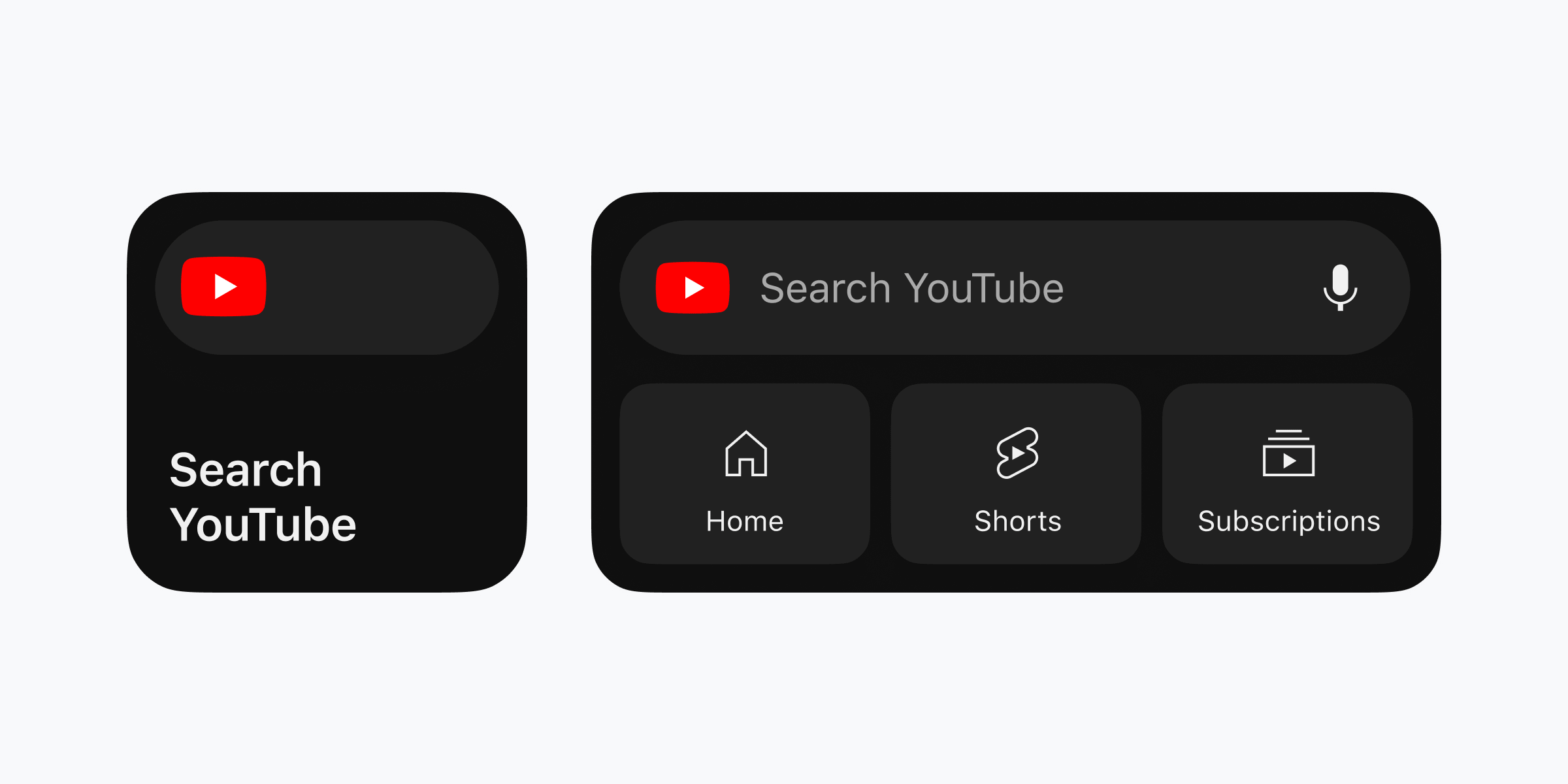 An animation shows two YouTube Search Home Screen widgets switching into dark mode. The small widget displays “Search YouTube,” while the other widget shows a search box with a microphone at the top and options for Home, Shorts and Subscriptions underneath.