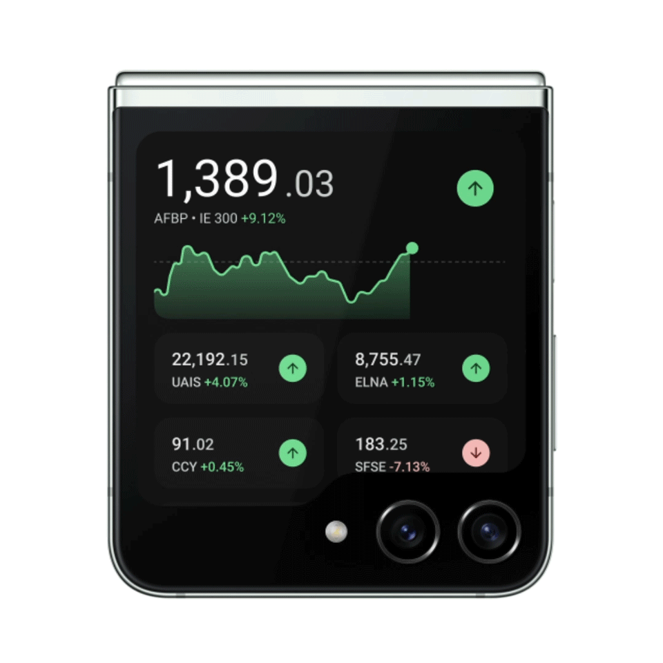 A Galaxy Z Flip5 shows a black screen with green and red symbols and graphs from the Google Finance app.