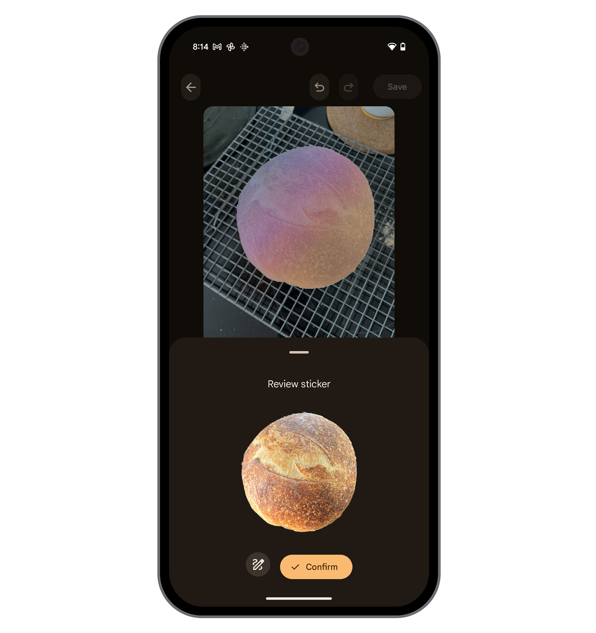 A phone screen displays an image editing app. The top image shows a colorful, textured ball on a wire rack. Below, a sticker review shows a close-up of a crusty bread loaf. A "Confirm" button is highlighted.