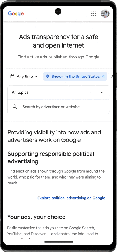 Screen of the Ads Transparency Center that shows where can search for a brand, look up the region, and learn more about the ad format.