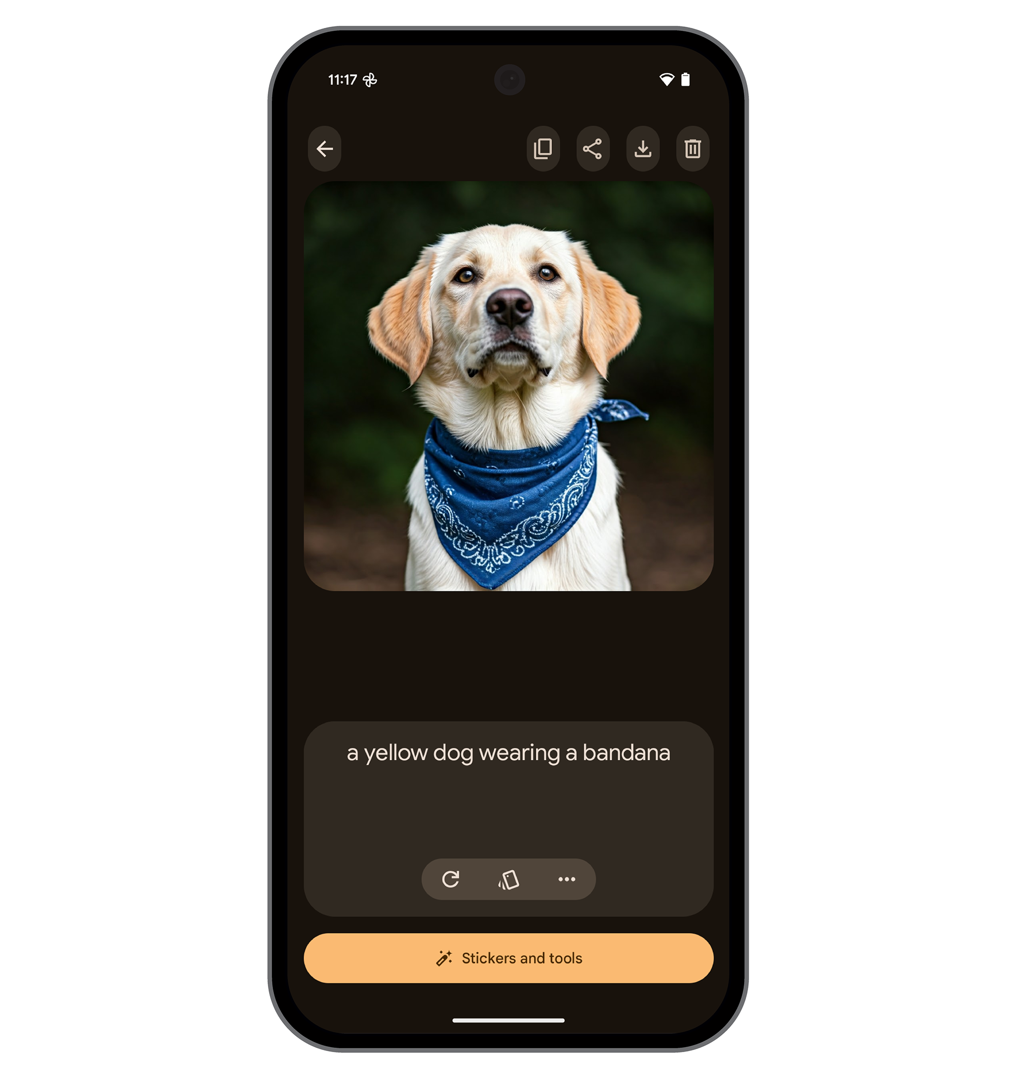 A phone screen displays a close-up photo of a yellow dog wearing a blue bandana. Below the image, text reads "a yellow dog wearing a bandana." A button labeled "Stickers and tools" is visible at the bottom.