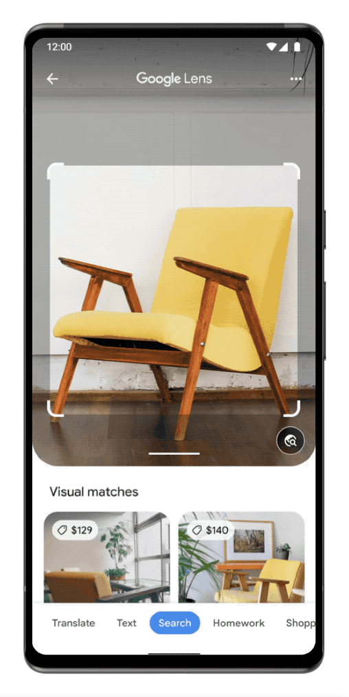 An animation in a phone frame shows a yellow armchair. The word “beige” is added to a search bar, and visually-similar beige armchairs are shown in the results.