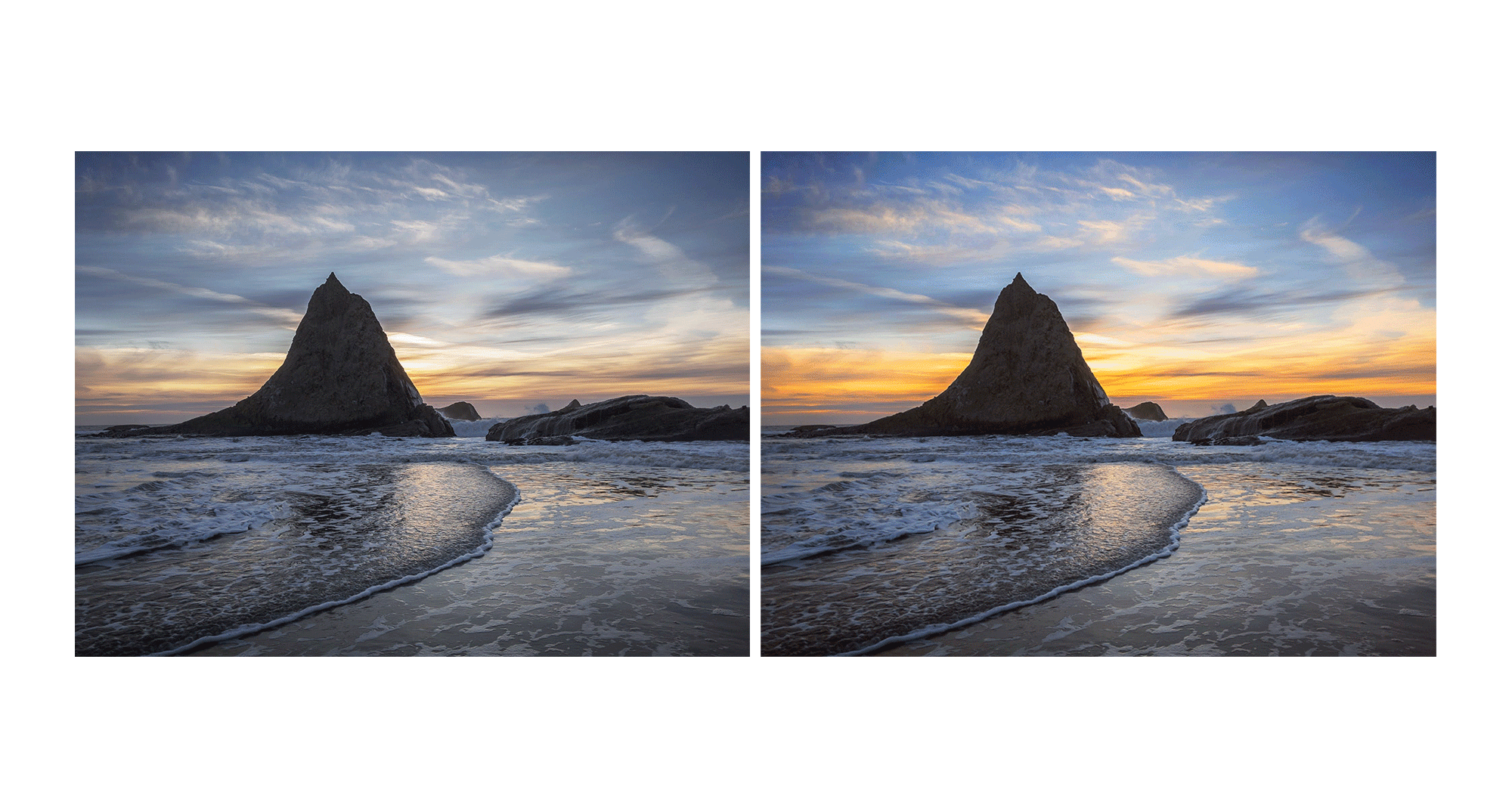 Animated GIF showing two photos of a beach; one is static while the other has new lighting effects applied to it that enhance it.