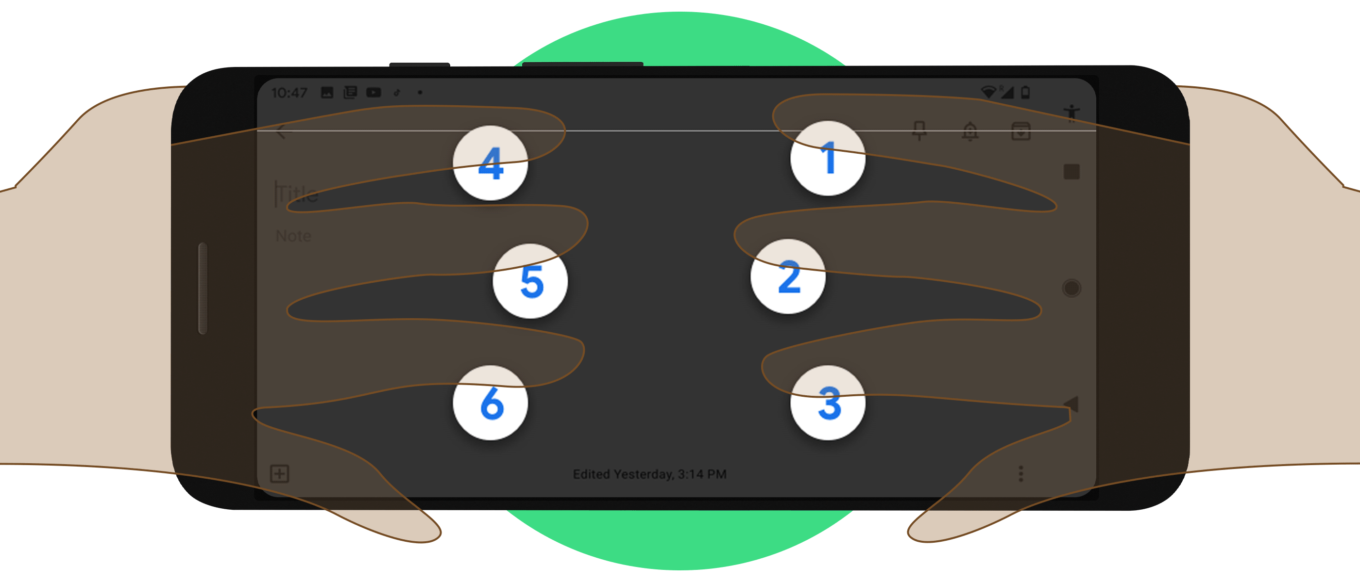 Animation shows fingers typing on six dots representing Braille keys