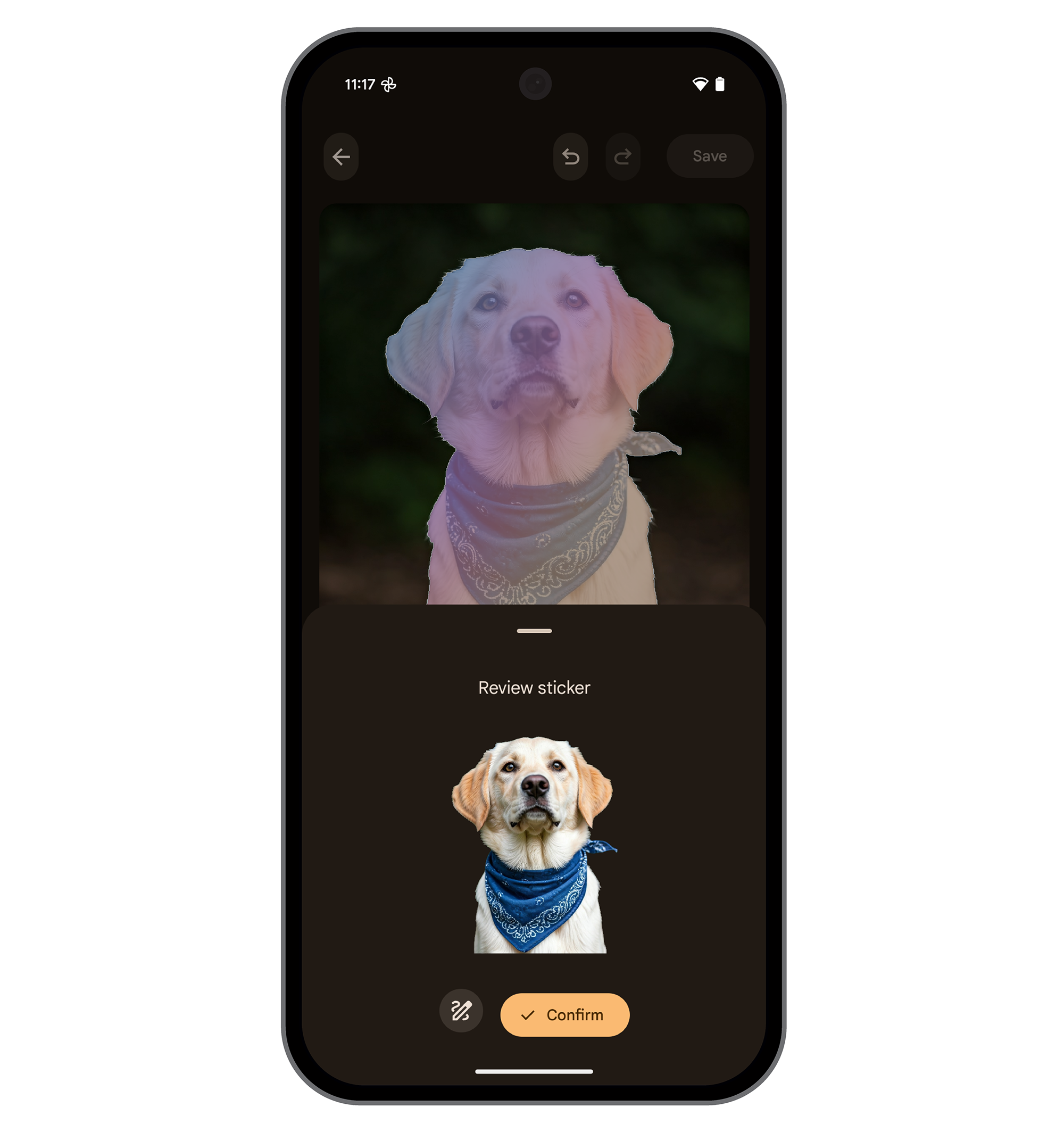 A phone screen shows an image editing app with a dog photo. The top image is partially edited with a glowing overlay. Below, a "Review sticker" section shows the original dog photo with a blue bandana. A "Confirm" button is highlighted.