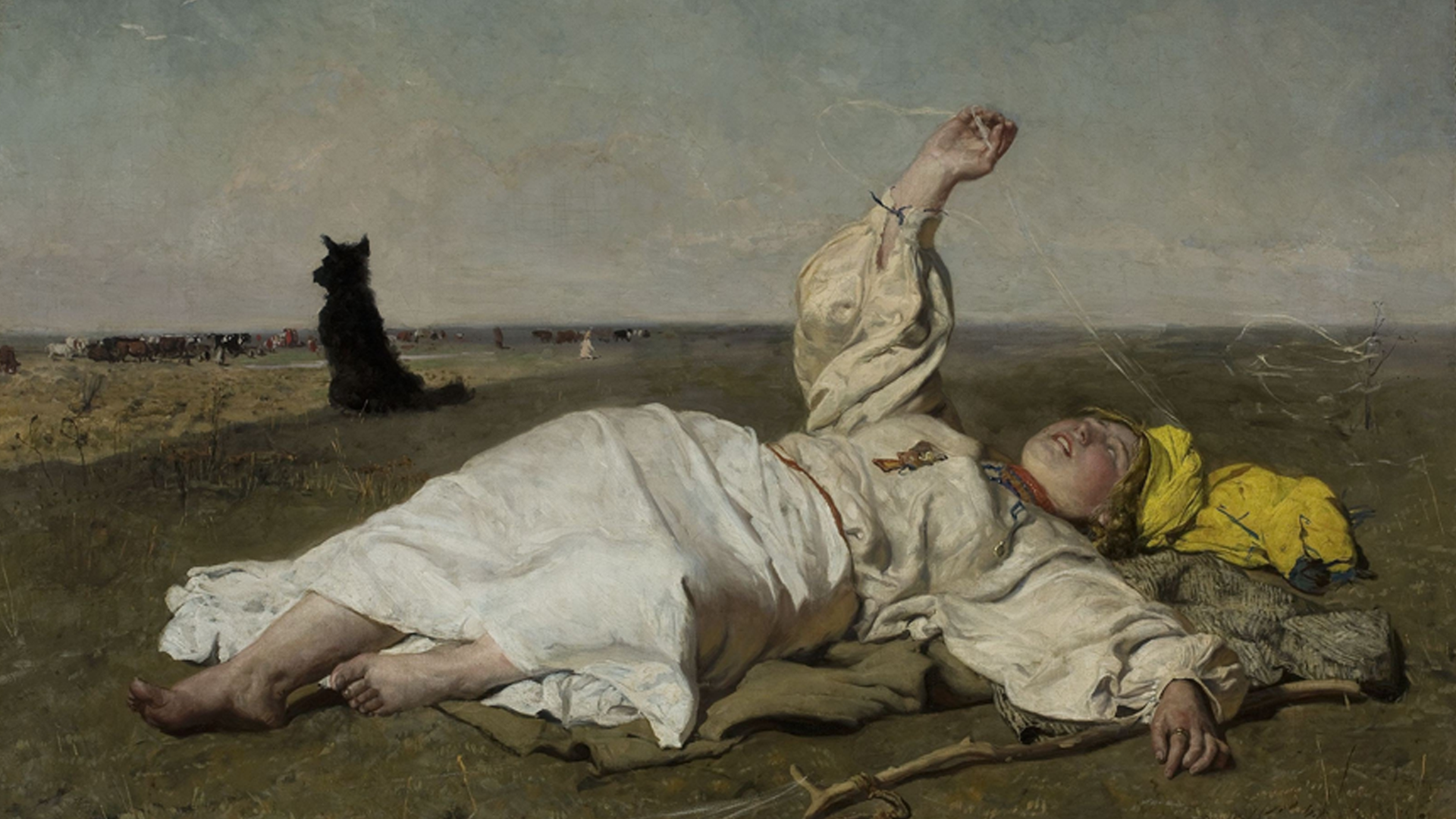 A young woman lies in a field with eyes closed, holding thread; a black dog sits nearby, watching distant cattle.