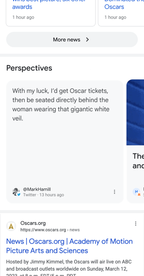 This GIF shows an example of how different sources would appear related to a reader's search. In this case for the query "Oscar's" a reader could see tweets, op-eds and more from different perspectives.