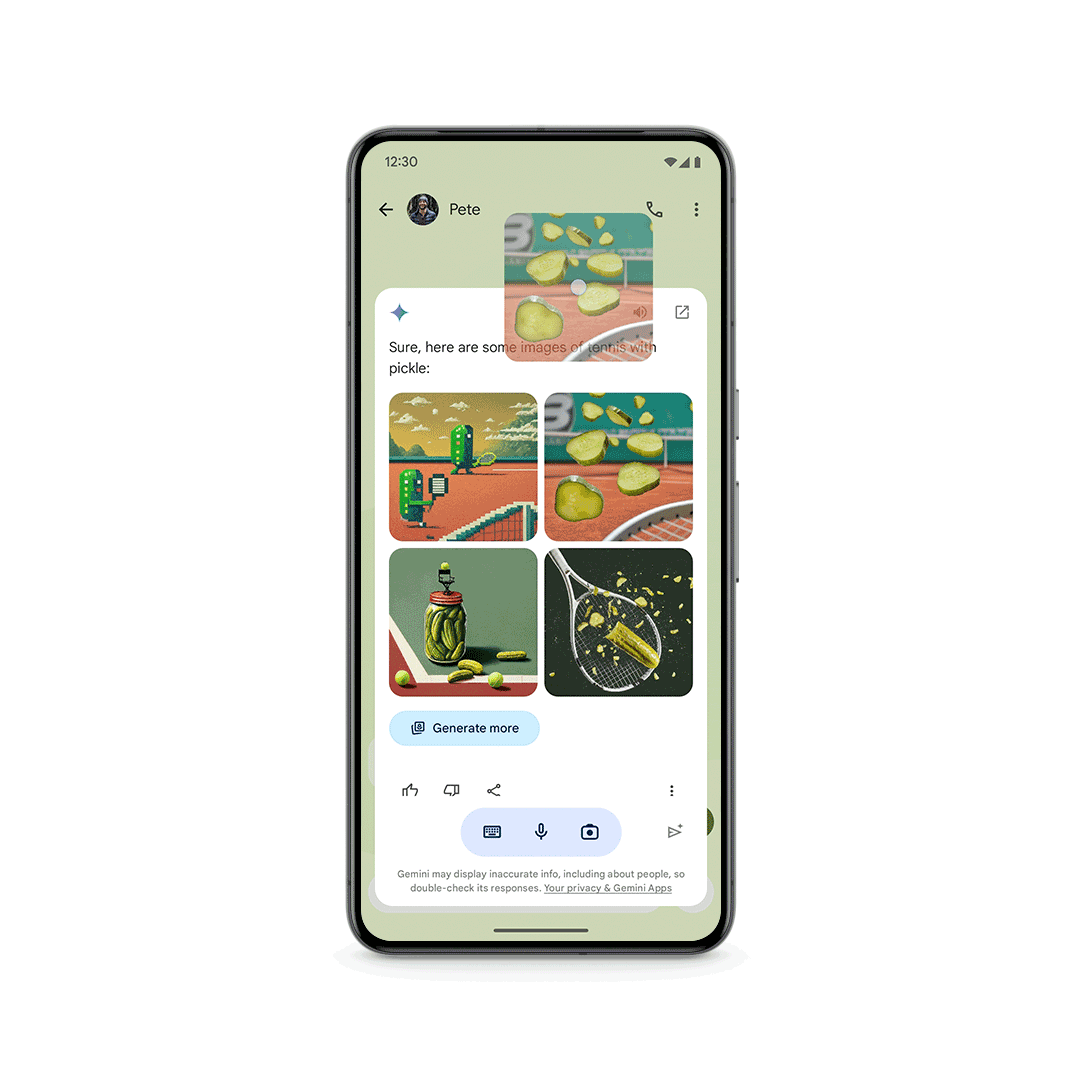 Phone frame showing an overlay with four images of a tennis racket hitting sliced pickles, and one image being dragged out of the overlay to attach to a text message.