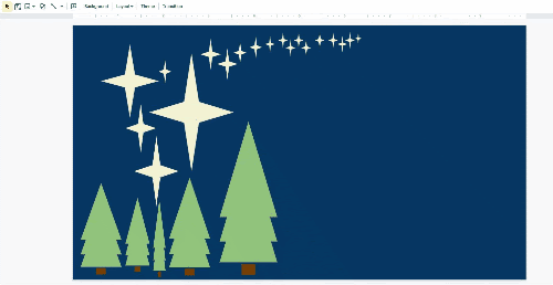 Animated GIF showing a dark blue slide with trees and stars and clip art of an pink ornaments and the words "let's celebrate!" being placed on the slide.