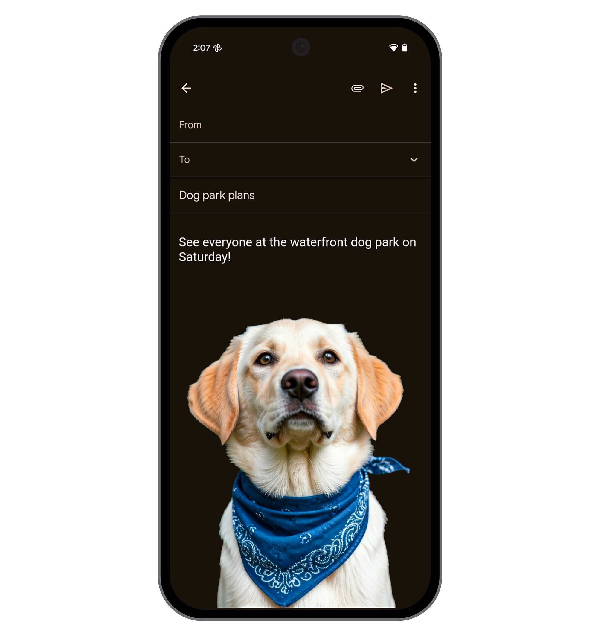 A phone screen displays an email draft. The subject is "Dog park plans," and the message invites people to a dog park. Below the message is a large image of a yellow dog wearing a blue bandana. The email interface shows fields for "From" and "To."