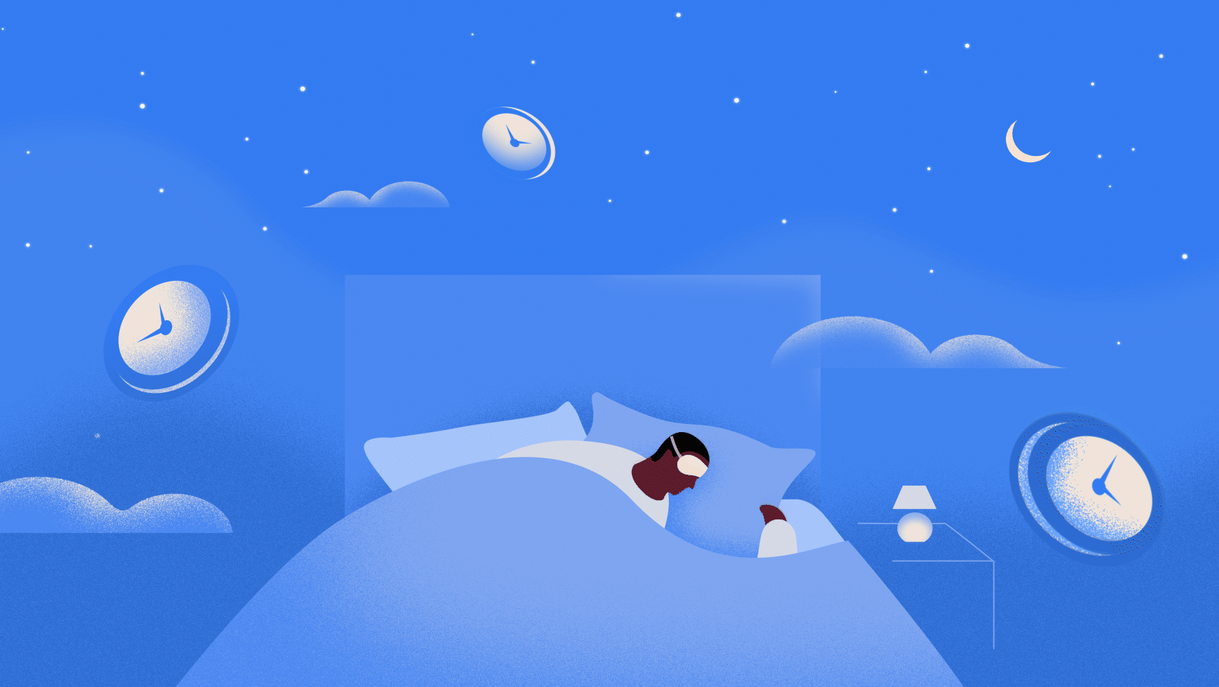 A cartoon of a person sleeping in bed with a blue night sky behind them and floating clocks in the sky