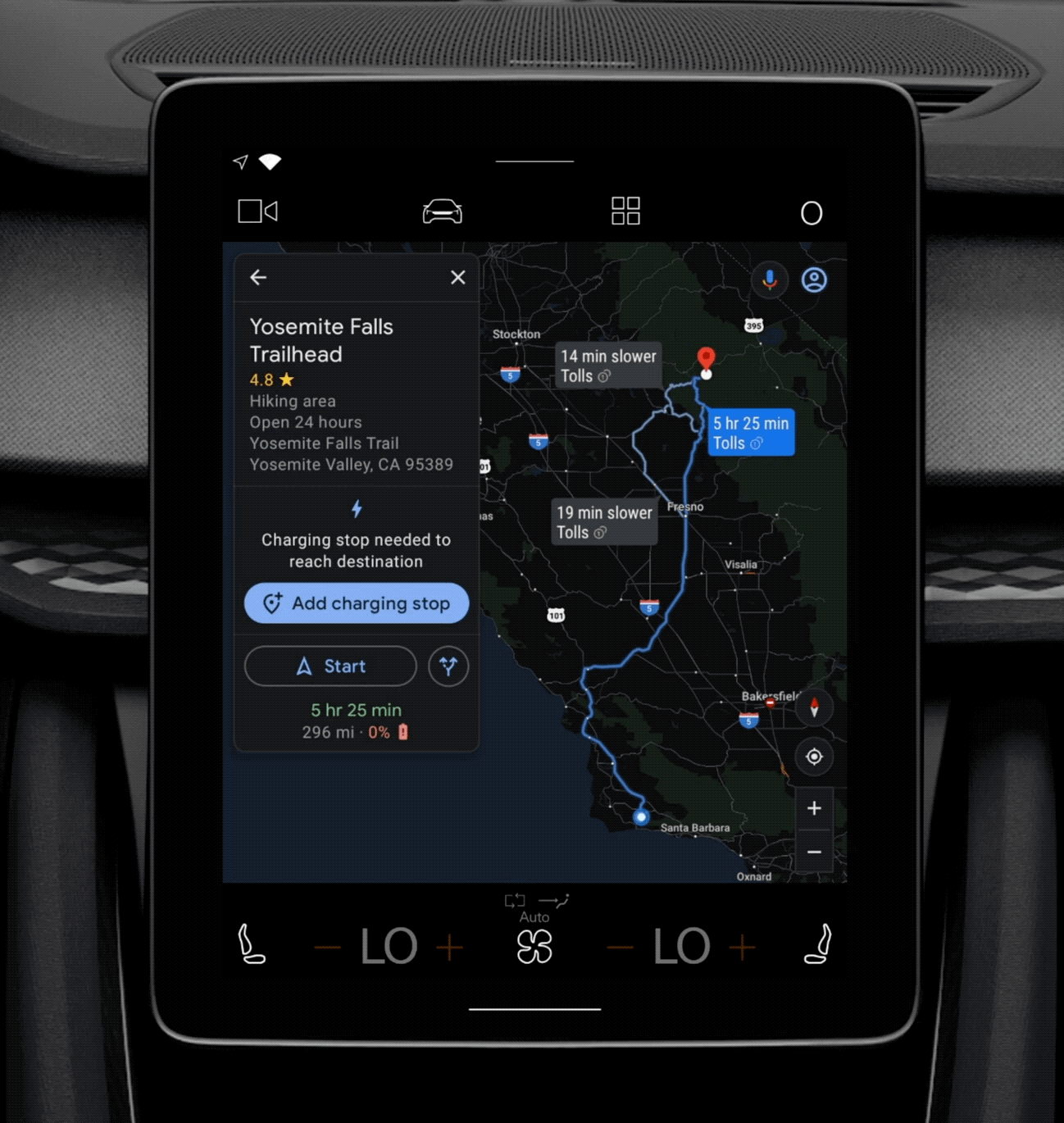 Image of Google Maps built in to an electric vehicle showing that you can add a stop to charge the vehicle on route to Yosemite Falls Trailhead.