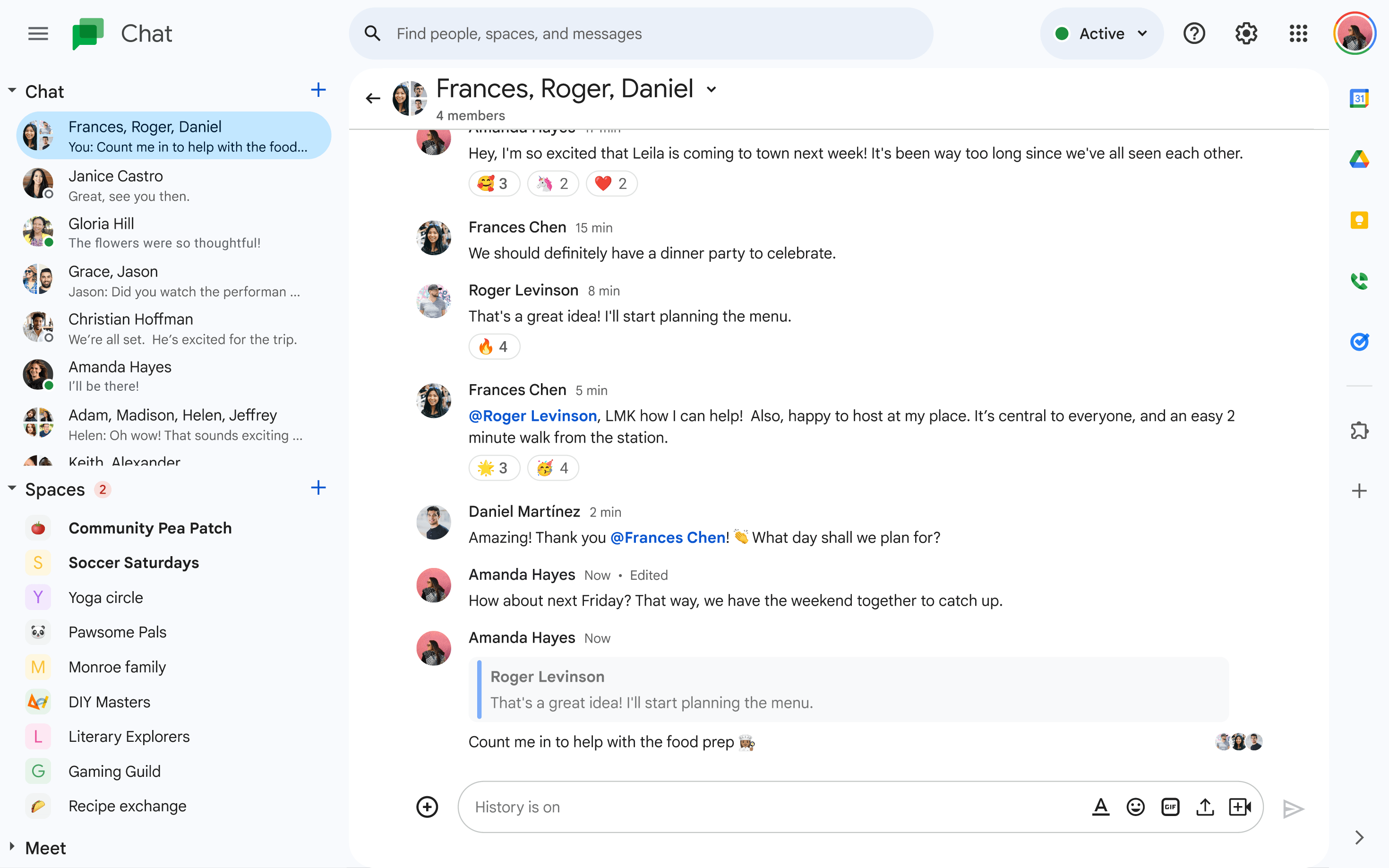 A GIF shows a Google Chat group with Frances, Roger and Daniel. The cursor scrolls through chats on a side panel and selects "More" to reveal more conversations.