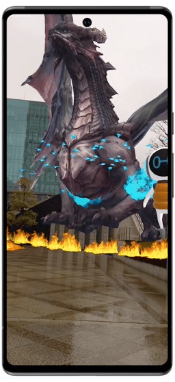 DOCOMO and Curiosity game showing an AR dragon, alien and spaceship interacting on top of a real-world image, powered by the ARCore Geospatial API.