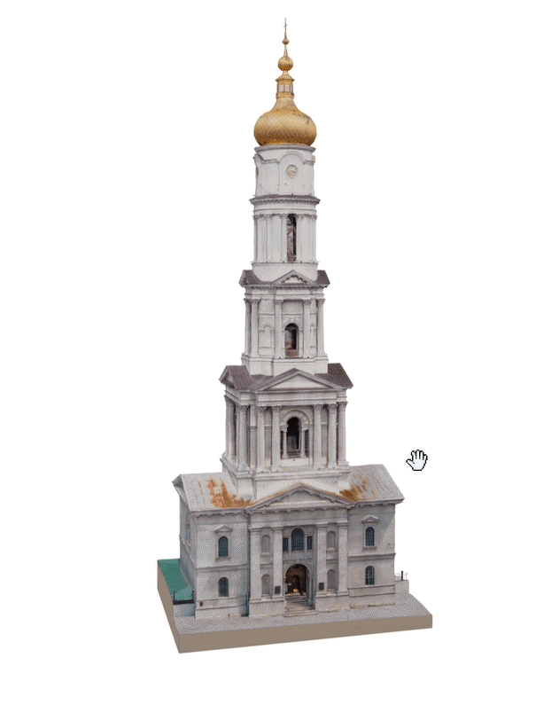3D model of the Dormition Cathedral Bell Tower, spinning and zooming in.