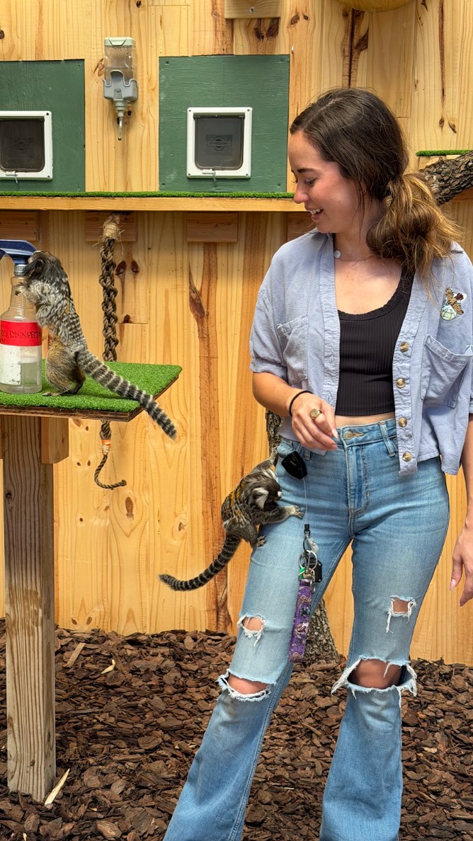 Maya Higa smiles as she stands in front of a wooden enclosure wall next to two small, striped marmosets. One marmoset climbs on her ripped blue jeans while the other stands on a small wooden platform next to a spray bottle.
