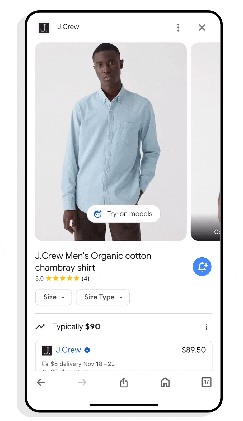 Animation showing someone searching for “J Crew Men’s Chambray Shirt” on a phone. The screen scrolls down to results and a cursor taps on an image with a “try-on” badge. From there, the cursor scrolls through a carousel to see what the shirt looks like on additional models.