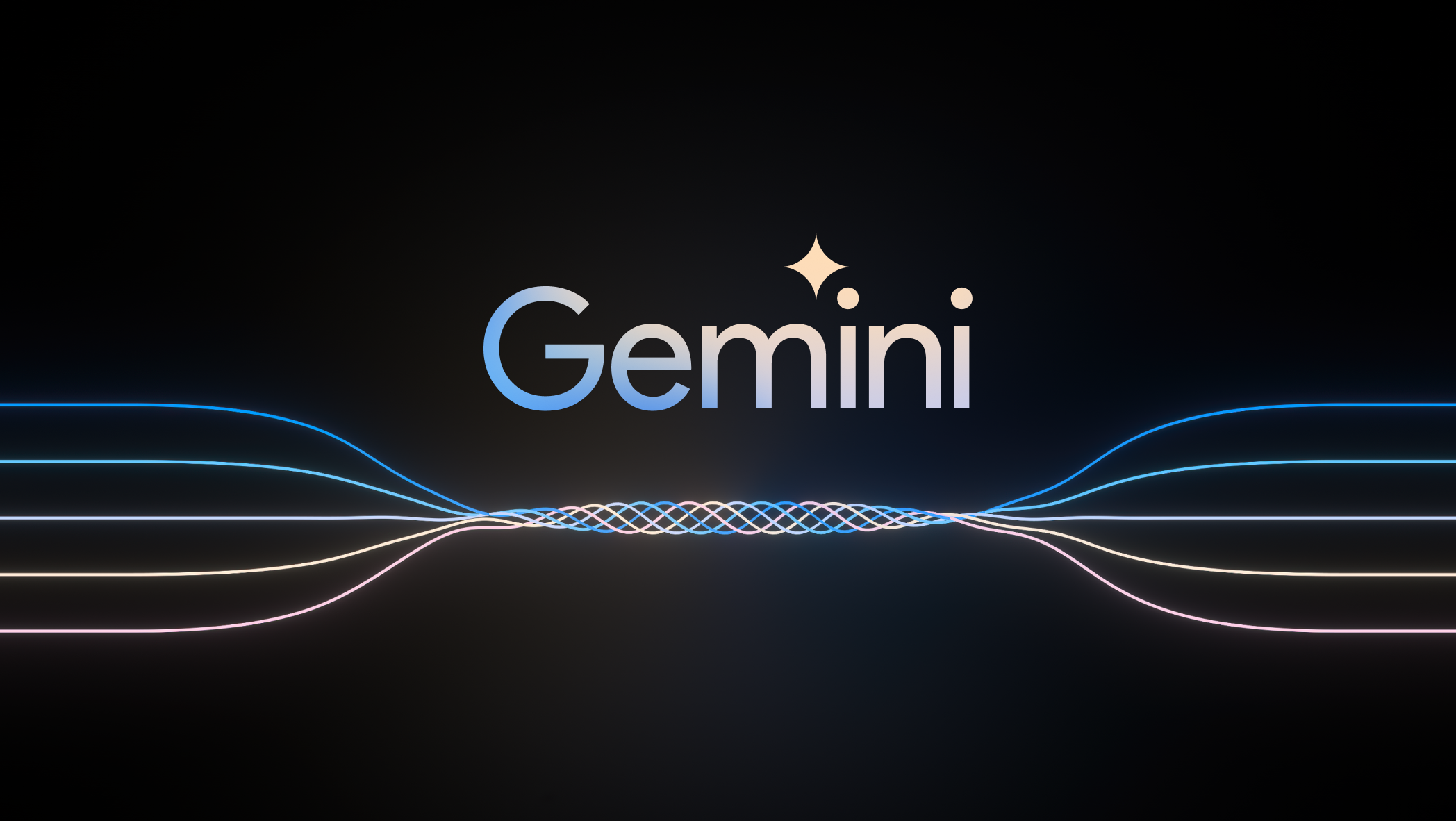 Ilustración con fondo negro y logo de Gemini en celeste y rosa con ilustración de red neuronal.