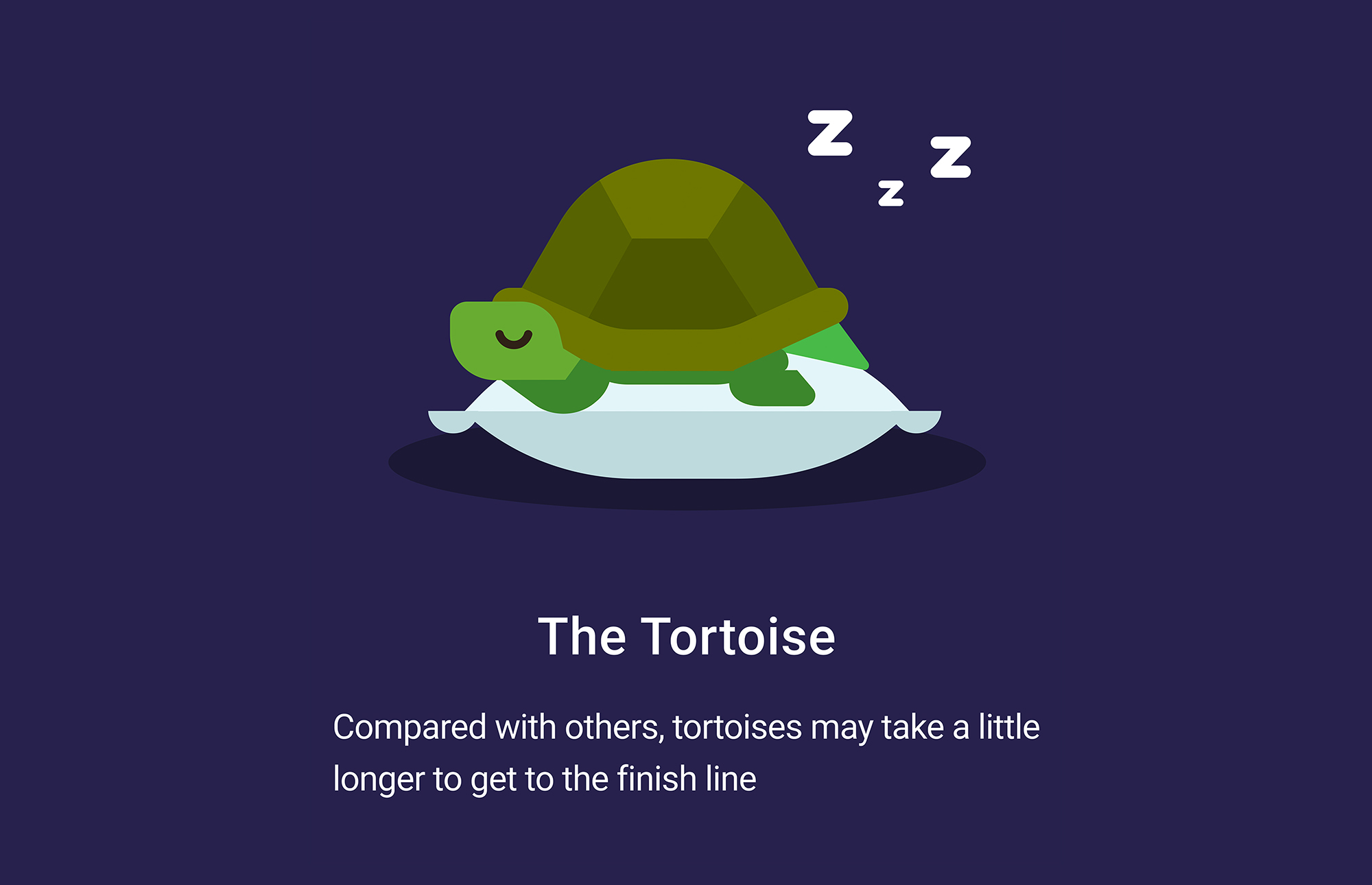 An illustration of a cartoon sleeping tortoise resting on a pillow. Under it, it reads: “The tortoise. Compared with others, tortoises may take a little longer to get to the finish line.”