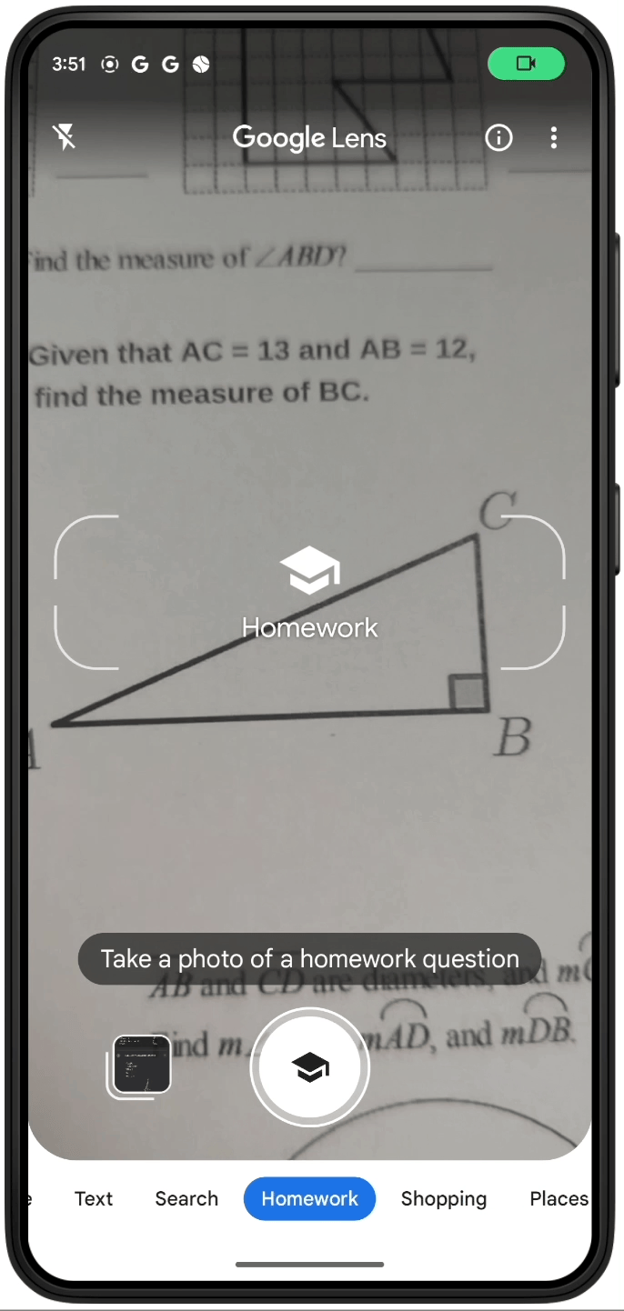 Video recording of someone taking a picture of a geometry problem using Lens and getting step-by-by step results on how to solve the problem.