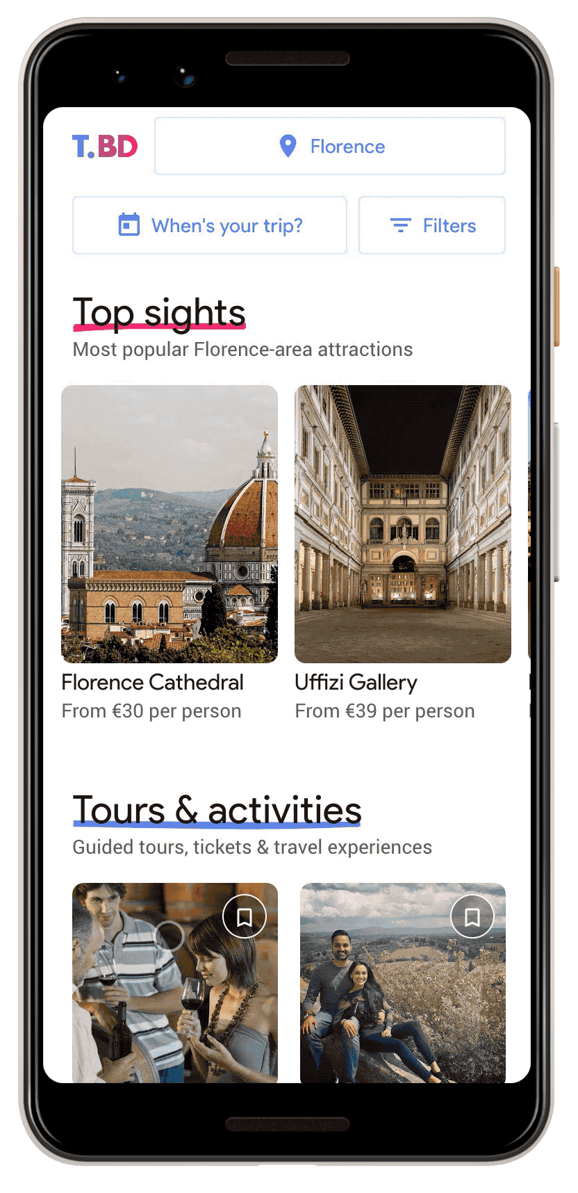A screenshot scrolling through the top sights, local tours and activities, and local tips in Touring Bird.