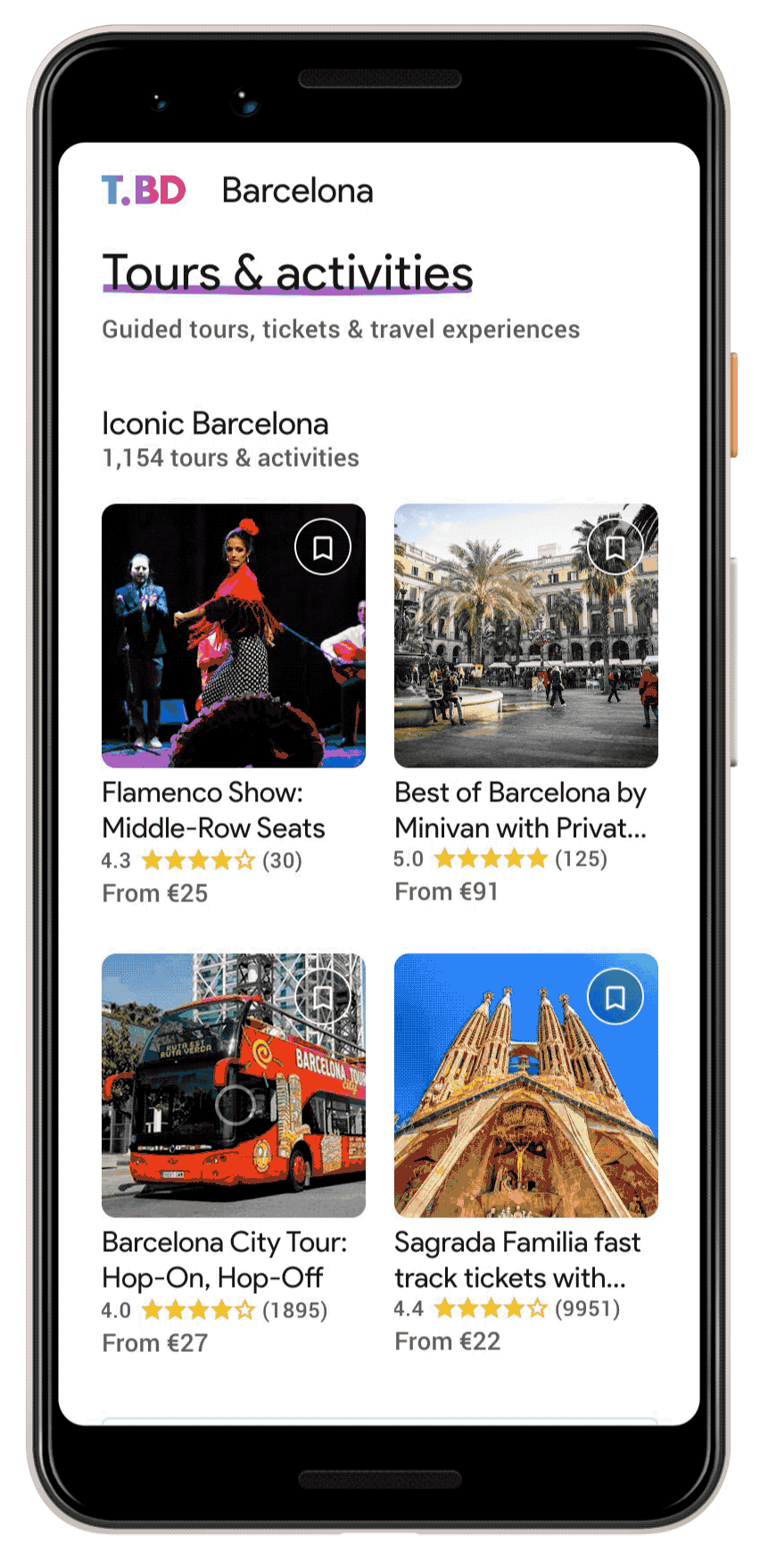 A variety of Barcelona tours and activities available in the Touring Bird app.