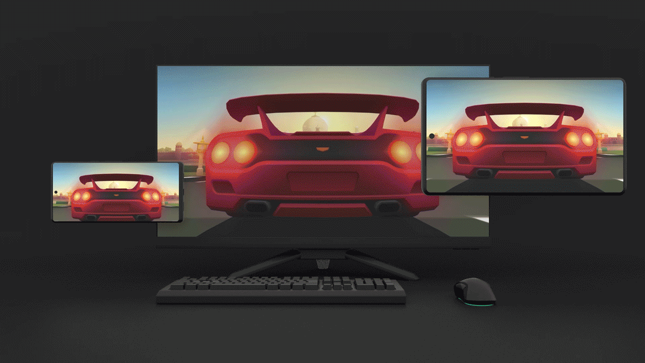 Cenas do game "Horizon Chase" em três telas diferentes: celular, computador e tablet