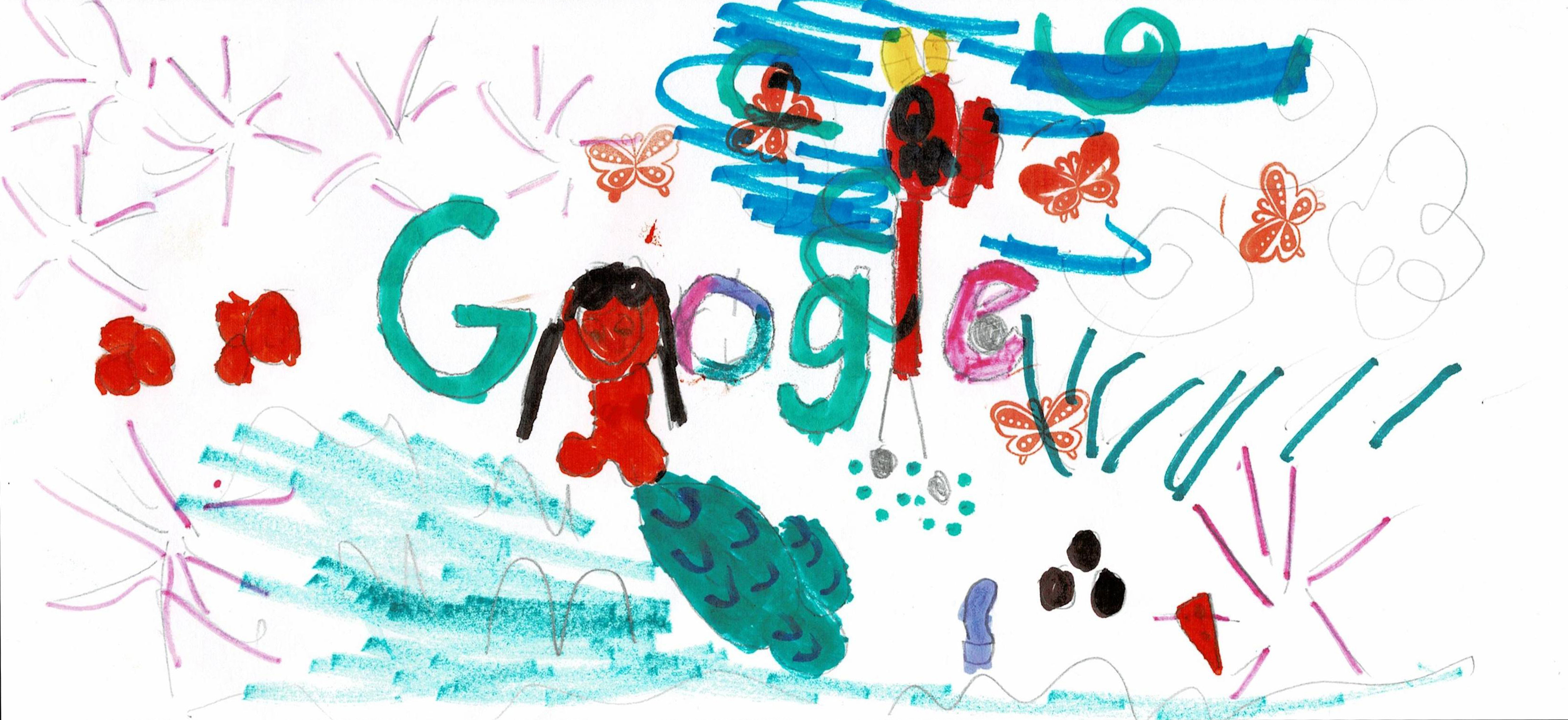 A drawing of a mermaid swimming with a blue/green tail in the blue ocean. There is a red dragon in the sky. There are butterflies stamped around the drawing. The Google logo is incorporated into the scene, with green letters forming the "G," the mermaid's head replacing the "O," another "O" made from green, blue, and pink, a green "G," the dragon's body forming the "L," and a red letter for the "E.”
