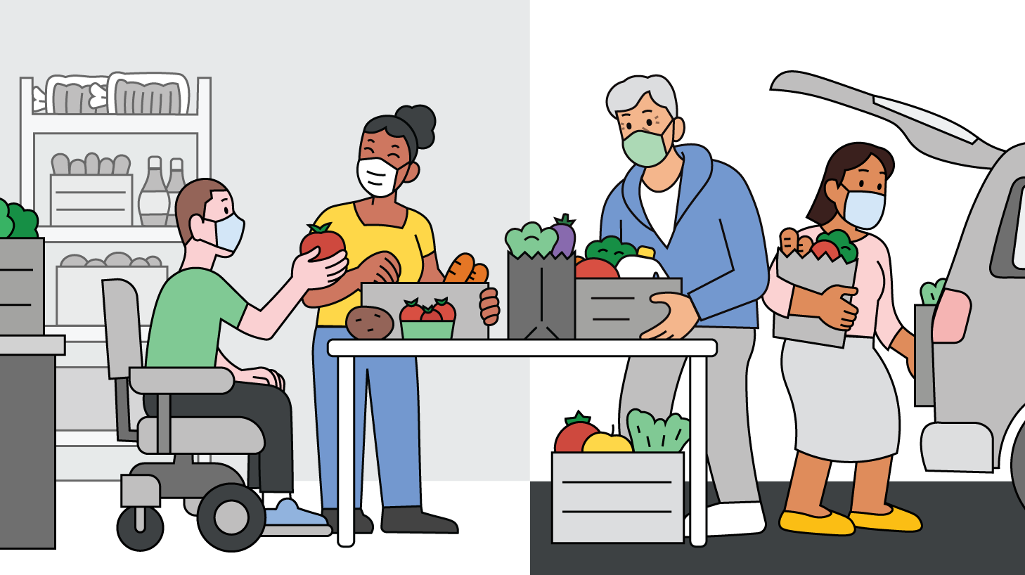 Illustration depicting people distributing food