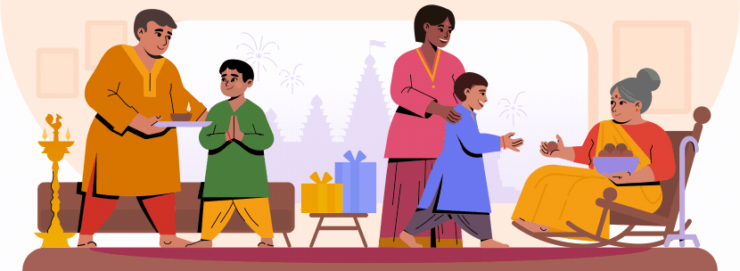 An illustration of a family enjoying Diwali