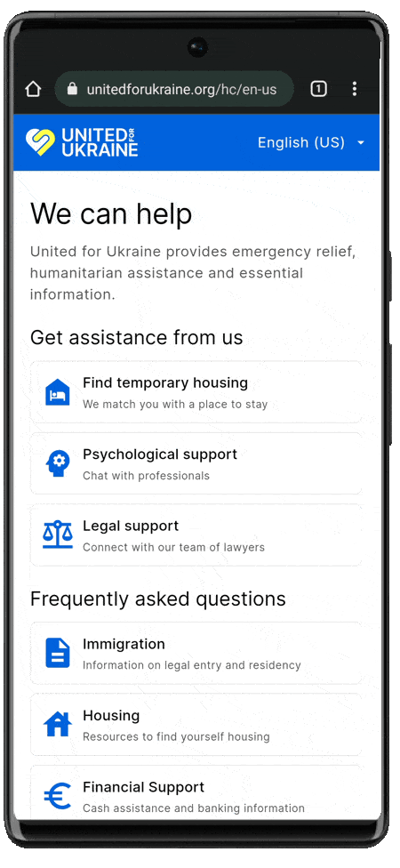 Phone showing unitedforukraine.org's site with links to information about how to get assistance and help for frequently asked questions.