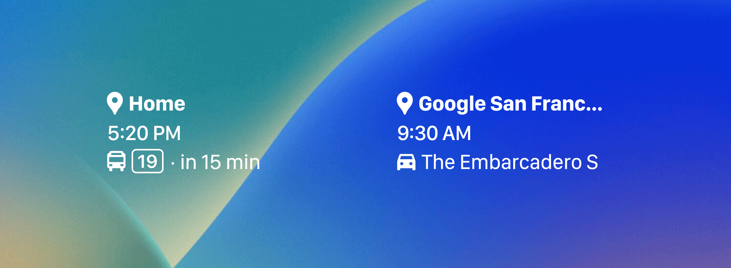 GIF of two rectangular Lock Screen widgets displaying trips to “Home” and “Google San Francisco”; four circular Lock Screen widgets for restaurants, shopping, coffee and hotels in Google Maps