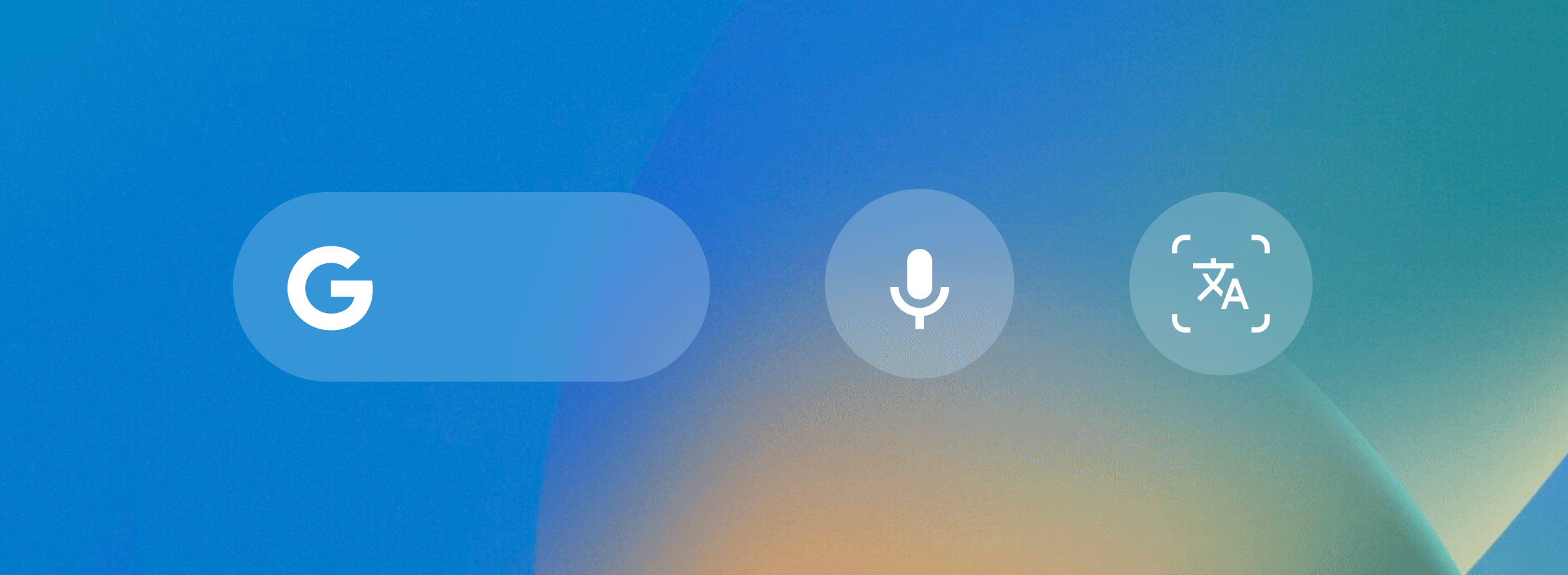 GIF of various Google Search Lock Screen widgets, including a rounded rectangular Search bar and four circular widgets for Voice, Lens, Translate via Lens, Shopping via Lens and Homework via Lens.