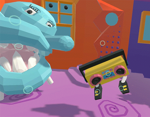 3D renderings of a boombox with legs and a goofy armchair with teeth dance around.