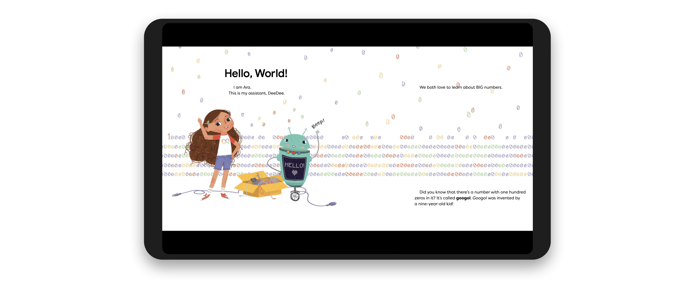 A tablet showing the book Ara the Star Engineer, and how highlighting the word "World" shows a kid-friendly definition.