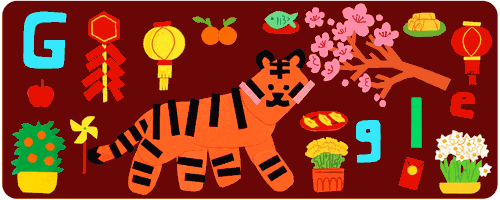 The Google logo featuring and gif of a Tiger interacting with various elements of the Lunar New Year celebration.