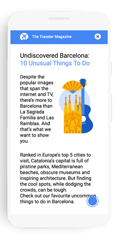 Animation of mobile phone scrolling through the Related search experience, highlighting an example article about things to do in Barcelona.