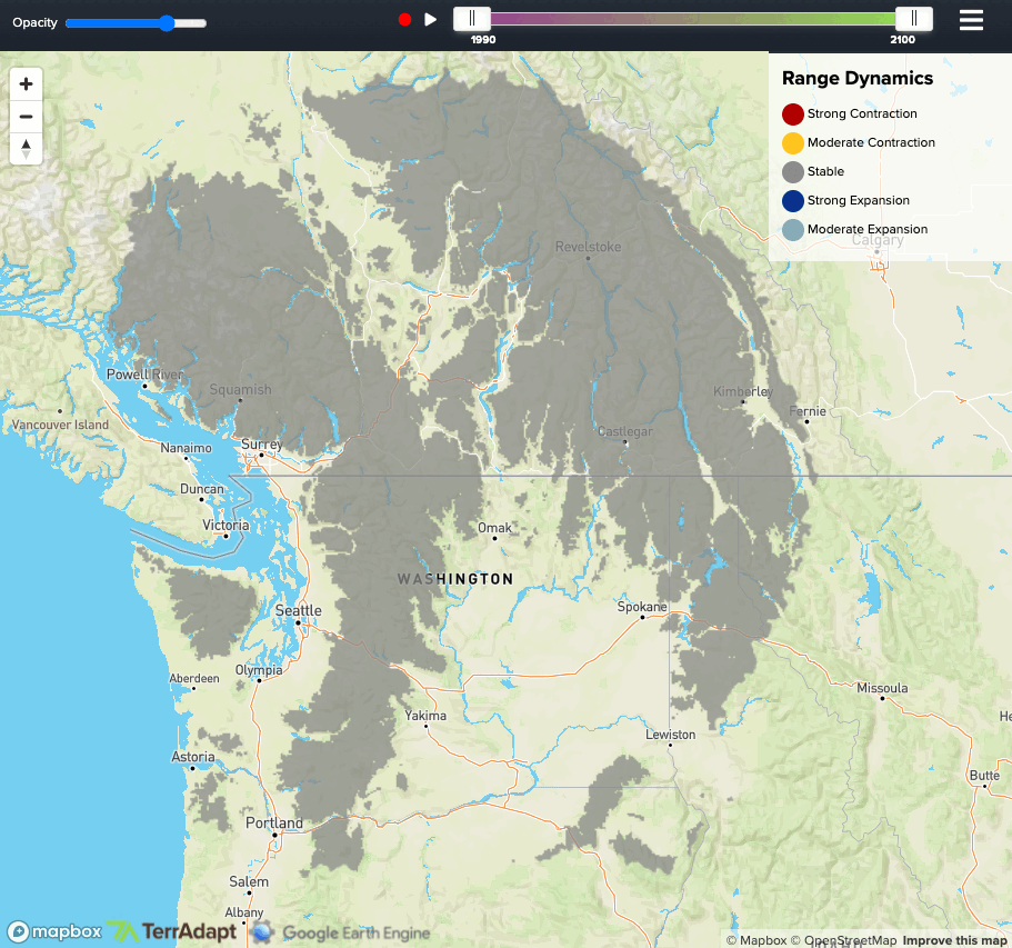 Areas in orange and red show the shrinking of montane wet forest habitats where snow-dependent wildlife like the wolverine live, projected to 2100.