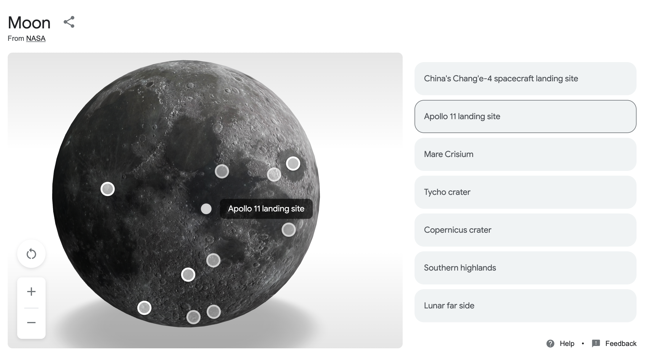 An image of the moon with a map of where Apollo 11 landed