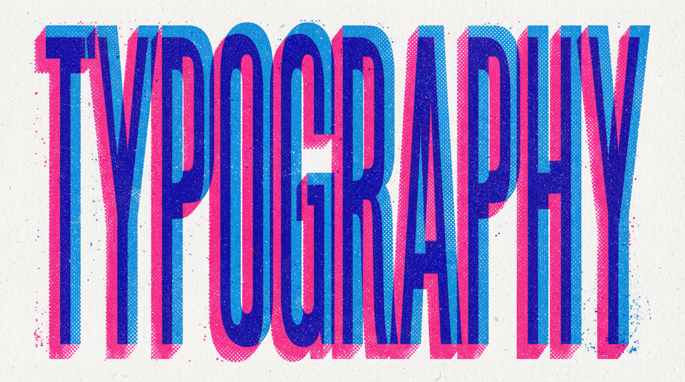 The word "TYPOGRAPHY" in bold, stacked blue and magenta sans-serif text with a halftone/distressed effect.