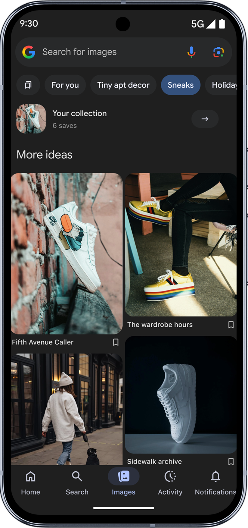 Phone screen displaying an 'Images' feed with search suggestions, a 'Your collection' count, and image results featuring colorful and white sneakers.