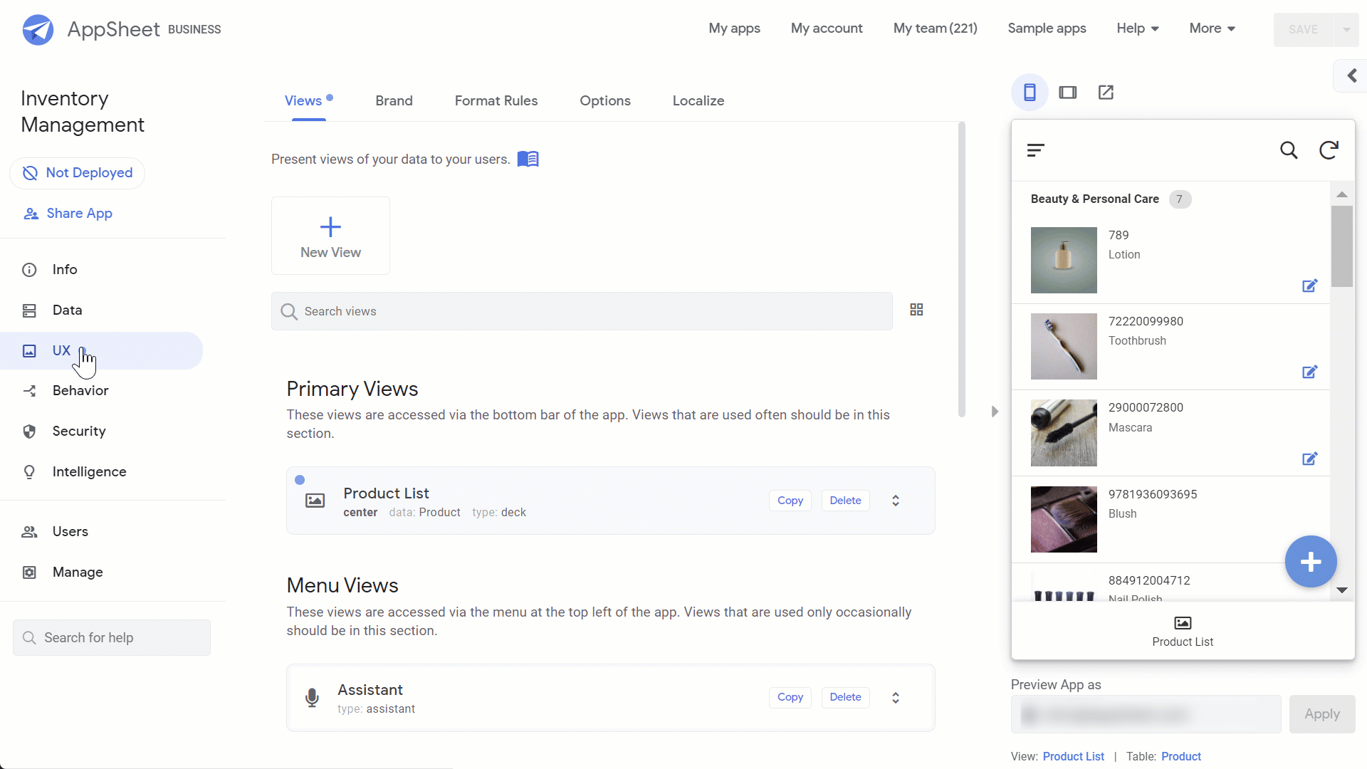 It’s also created a view for you, showing the Products. You can create additional views for the other tables by going to UX>Views, select New View, name your view, and set the view type to form. We’ll call our views Product List, Sell, and Add Stock.