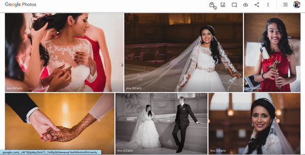 A cursor selects “order photo prints” in a Google Photos album showing a collage of wedding photos.