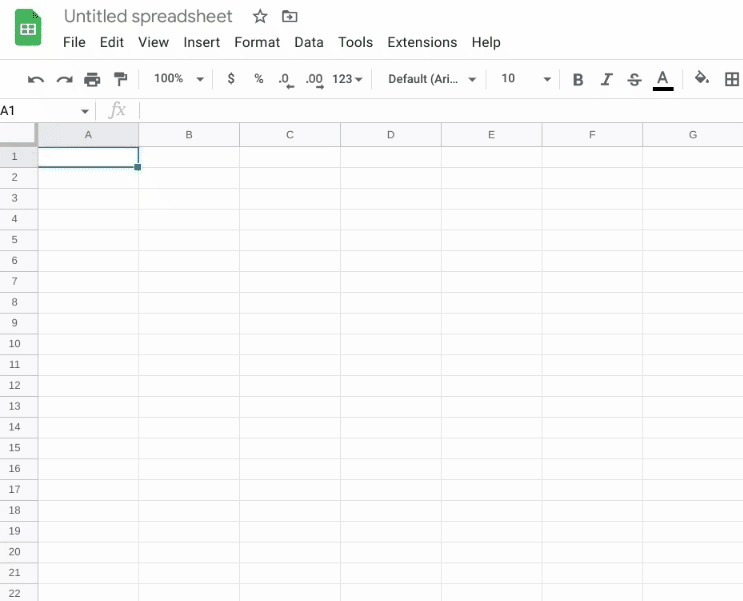 Animated GIF of a blank Google Sheet. The cursor arrow selects “insert” and then “building blocks” and then “personal budget.”