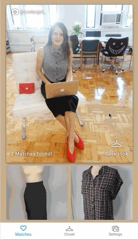 Animated GIF showing different screens that display items of clothing that can be paired together to create an outfit.
