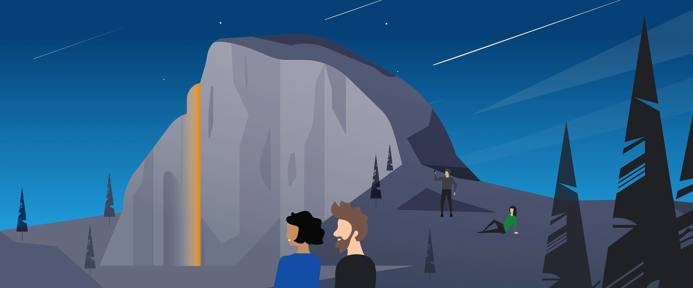 An animated gif of an illustration of mountain and silhouetted trees. The sky shows that it’s dusk. There’s an illuminated waterfall on the side of the mountain. Various people flash in and out of the image as a representation of how Magic Eraser can work
