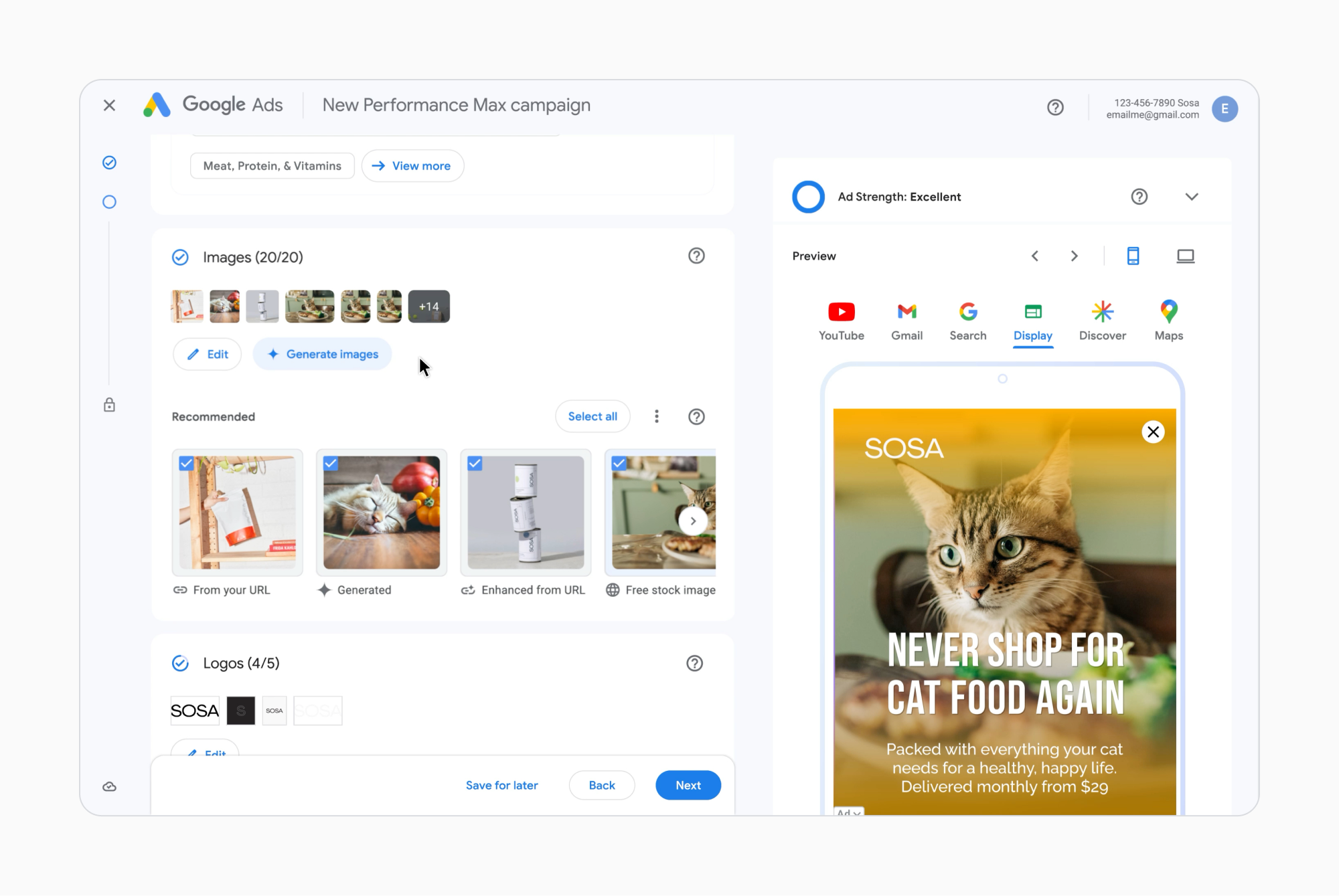 Image of the new asset creation flow for Performance Max, including image assets created by generative AI